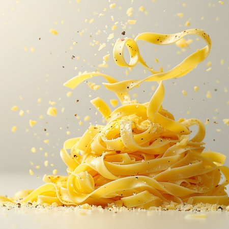 Spaghetti with flying flour on a white background, close-upの素材