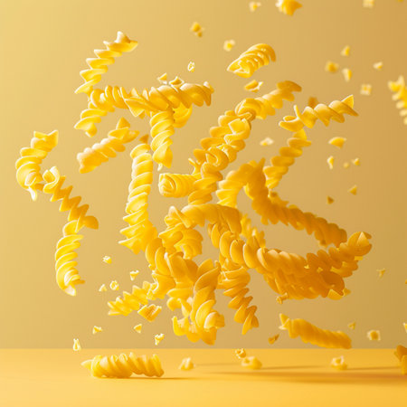 Fusilli pasta flying on a yellow background. 3d renderingの素材
