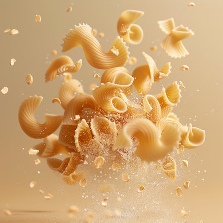 Macaroni falling in the air. 3d rendering, 3d illustration.の素材