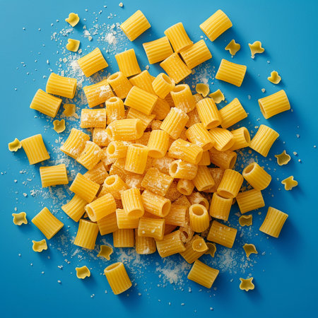 Dry pasta on blue background. Top view, copy space.の素材