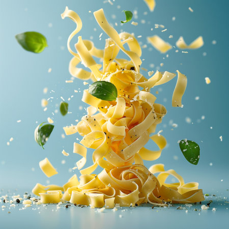 Pasta falling into the air on a blue background with splashesの素材