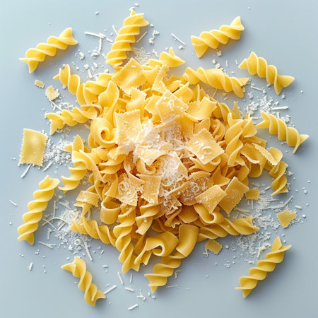 Top view of uncooked italian pasta on blue background, flat layの素材