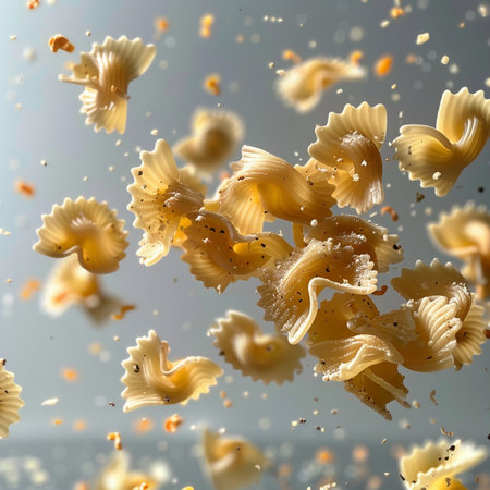Macaroni falling into the air with splashes on a gray backgroundの素材