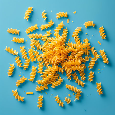 Fusilli pasta on blue background. Top view. Flat layの素材