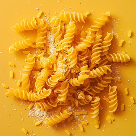 Italian pasta fusilli with flour on yellow background. Top view.の素材