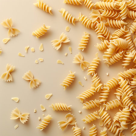 Close up of italian pasta spirals on beige background.の素材