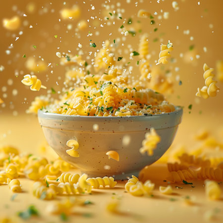 Pasta falling into a bowl with splashes on a yellow backgroundの素材