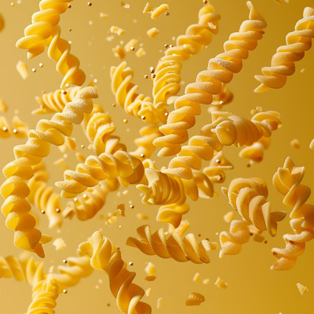 Fusilli pasta flying in the air on a yellow background.の素材