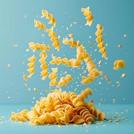 Falling pasta on blue background. 3d rendering, 3d illustration.の素材