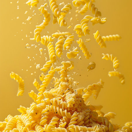 Falling pasta on yellow background. Fusilli falling into the air.の素材