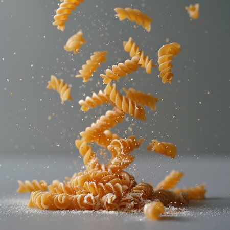 Falling spiral pasta. Flying fusilli on grey background.の素材