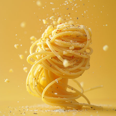 Spaghetti with flying flour on a yellow background, close-upの素材