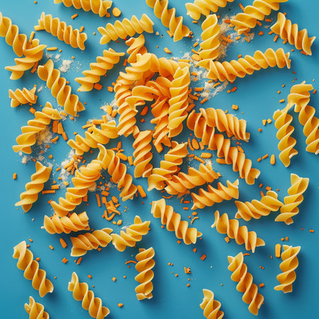 Fusilli pasta on blue background. Flat lay. Top view.の素材