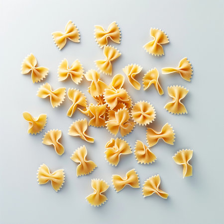 Farfalle pasta on white background. Top view. Flat lay.の素材