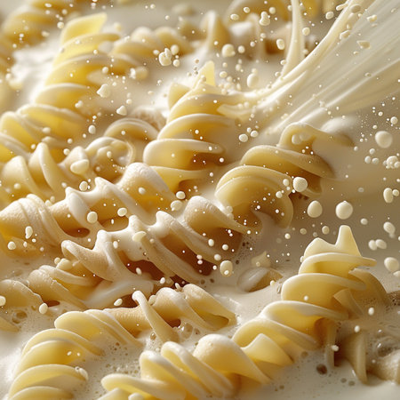closeup of italian pasta in milk, extreme closeup shotの素材