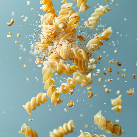 Falling pasta with splashes on a blue background. 3d renderingの素材