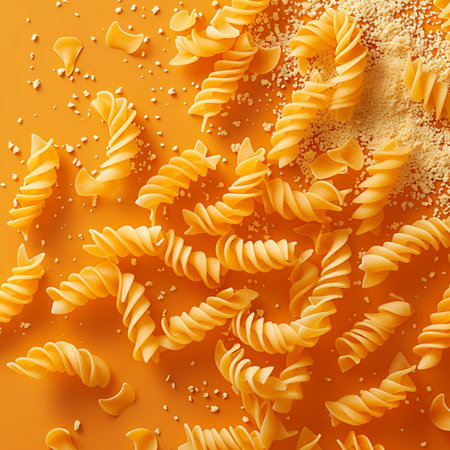 Pasta background. Fusilli pasta on orange background. Top view.の素材