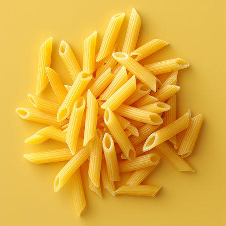 Pasta Penne on a yellow background, top view, flat layの素材