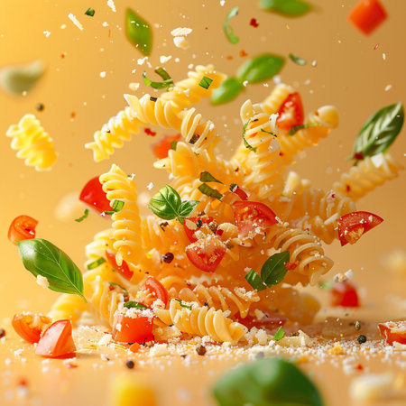 Fusilli pasta with flying vegetables and spices on yellow background.の素材