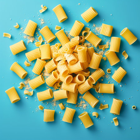 Variety of types and shapes of Italian pasta on blue background.の素材