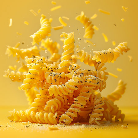 Fusilli pasta falling into the air on a yellow background.の素材