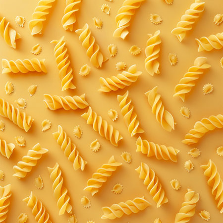 Seamless pattern of pasta fusilli on yellow background, top viewの素材