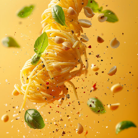 Spaghetti pasta with flying ingredients, isolated on a yellow background.の素材