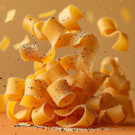 close up of italian pasta falling into the air on orange backgroundの素材