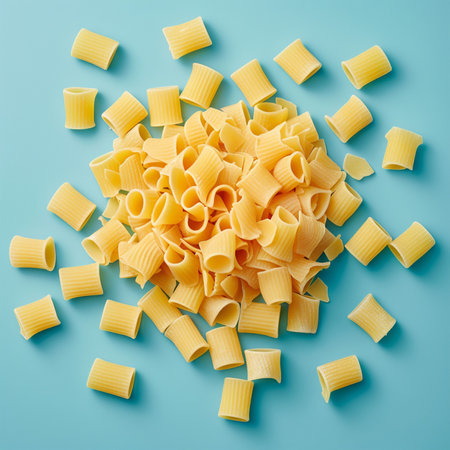 Uncooked pasta on blue background. Top view, flat lay.の素材