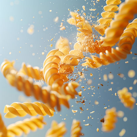 Fusilli pasta flying in the air. 3d rendering.の素材