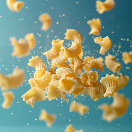 Flying macaroni on blue background. Flying pasta in motion.の素材