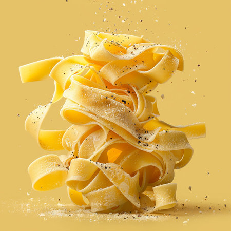 Fettuccine pasta with flying flour isolated on yellow background.の素材