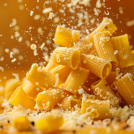 close up of italian pasta with flour splashes on yellow backgroundの素材