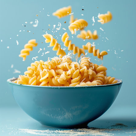 Falling pasta in a blue bowl with splashes on a blue backgroundの素材