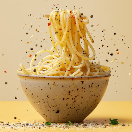 Spaghetti pasta with spices and herbs in a bowl on yellow backgroundの素材