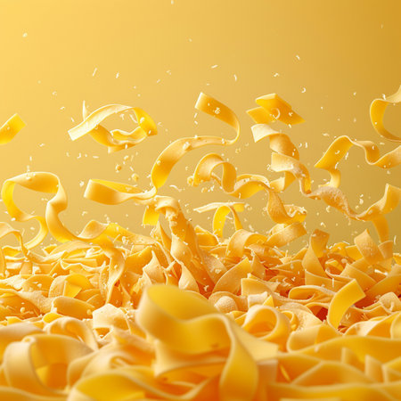 Falling pasta on a yellow background. 3d rendering, 3d illustration.の素材