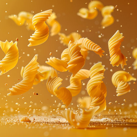 Falling spiral pasta on a golden background. 3d rendering.の素材