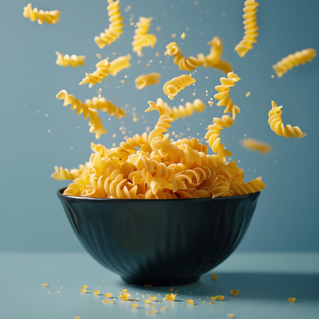 Falling pasta in bowl on blue background. Fusilli.の素材