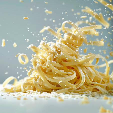 Spaghetti pasta falling into the air with splashes on a gray backgroundの素材