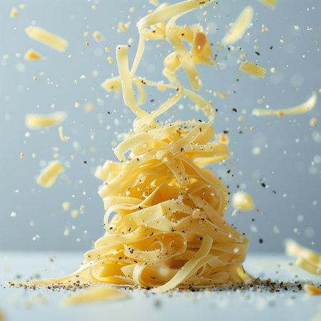 Spaghetti pasta falling into the air with splashes on a gray backgroundの素材