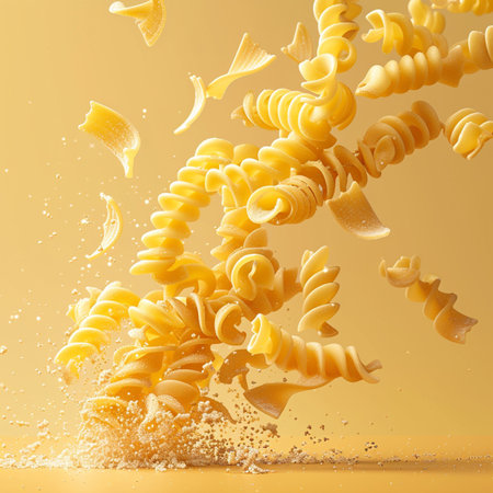 Falling pasta with splashes on yellow background. Flying food conceptの素材