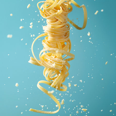 Falling pasta isolated on blue background. Food levitation concept.の素材