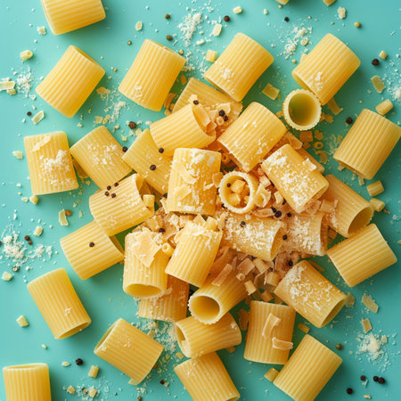 Rigatoni pasta with parmesan cheese, top viewの素材