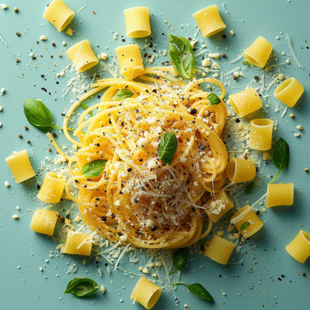 Spaghetti with basil and parmesan on blue background, top viewの素材