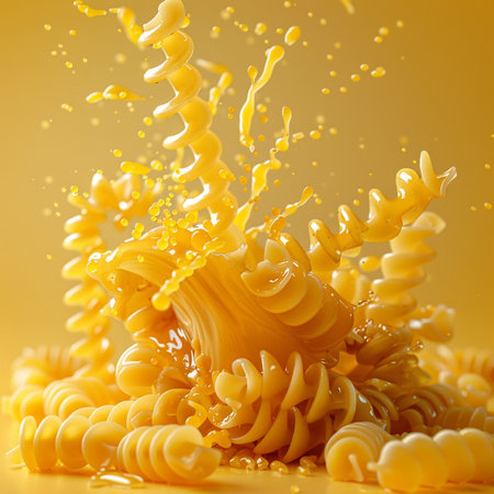 close up of italian pasta splashing on yellow background with clipping pathの素材