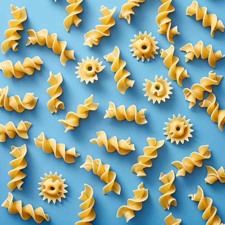 Seamless pattern of pasta on blue background. Top view.の素材