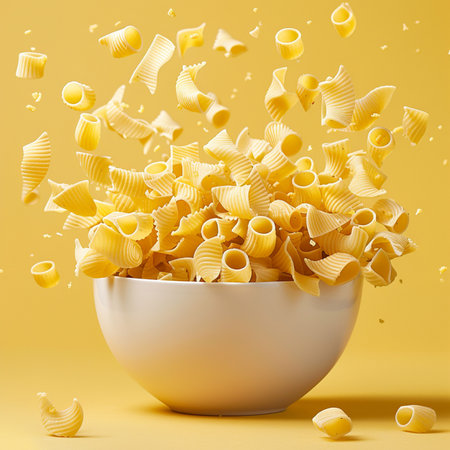 Flying pasta in a bowl on a yellow background. 3d renderingの素材