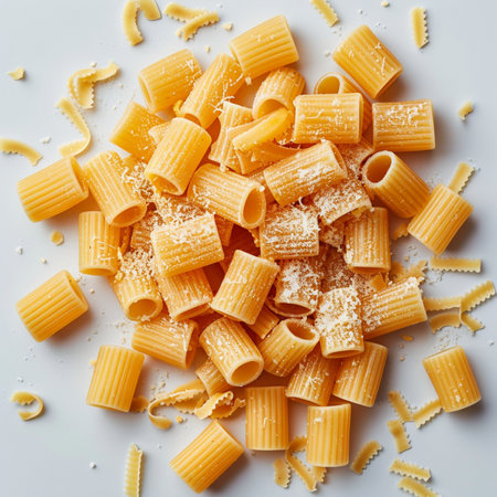 close up of a pile of italian pasta on a white backgroundの素材