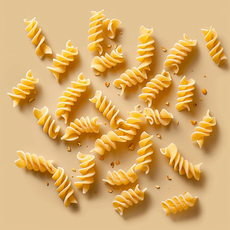 Fusilli pasta on yellow background. Top view. Flat lay.の素材