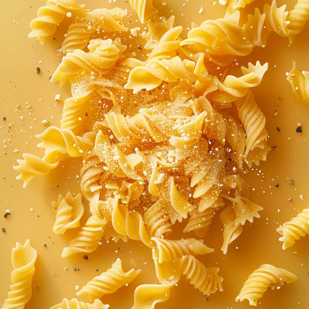 close up of italian pasta fusilli on a yellow backgroundの素材
